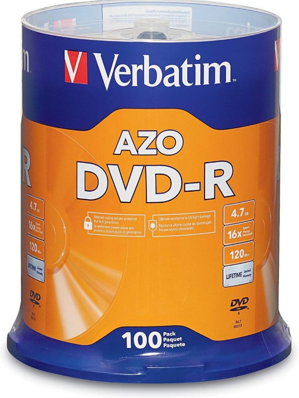 Verbatim DVD-R 4.7GB 16X Recordable Discs with AZO Dye, 100 Pack